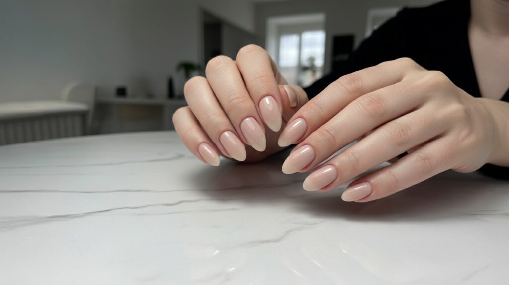 A Day of Self-Care at Rojanan Beauty (Azizi Riviera): Hair, Nails & Makeup 3 BIAB manicure with neutral polish at Rojanan Beauty in Azizi Riviera, Dubai during a self-care day