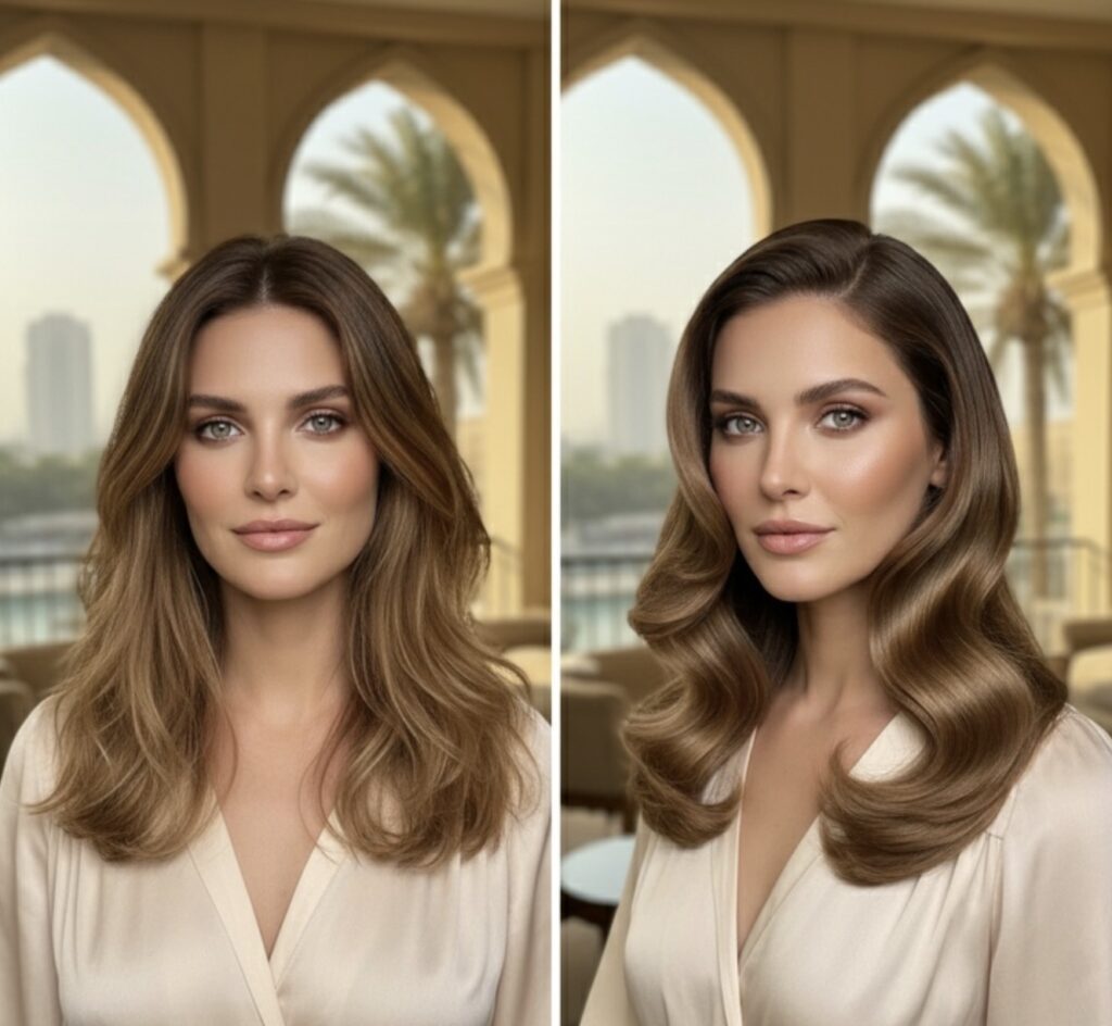 Dubai Glamour at Rojanan Beauty: Premium Hair, Nail & Eyelash 2 Glossy blowout and soft waves by Rojanan Beauty stylists in Azizi Riviera, Dubai